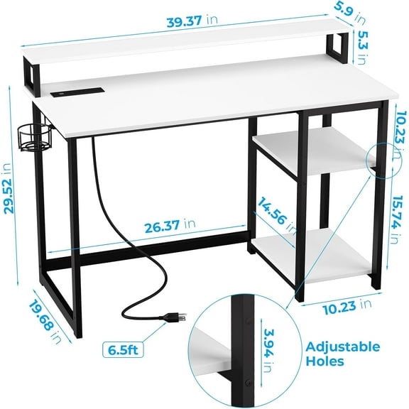 40 inch Home Office Desk with Power Outlets, Small Computer Desk with Ergonomic Monitor Stand, Reversible Gaming Desk, Modern Study Desk, Laptop Desk, White
