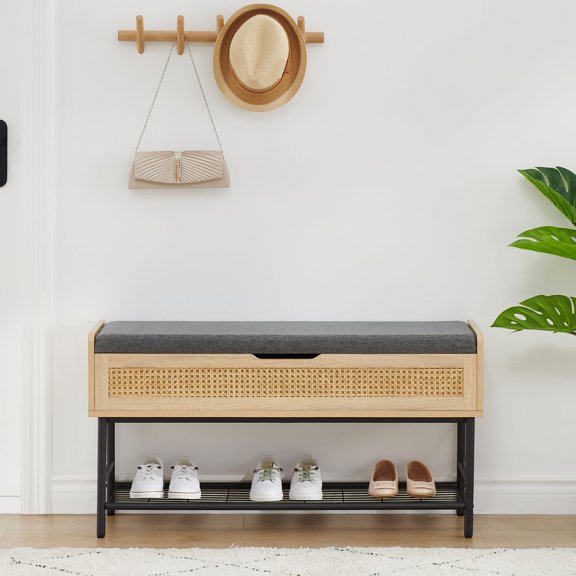 40 inch Natural Rattan Flip-Top Storage Chest with Seating Cushion 2 Tier Storage Bench Organizer with Safety Hinges for Entryway Bedroom Living Room Dorm Oak Color