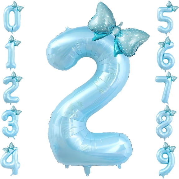 40 inch Number 2 Balloon with Bow Blue Happy Birthday Aluminum Film Jumbo Number Balloon for Boys Girls Birthday Decorations Party Supplies (Blue Number 2)