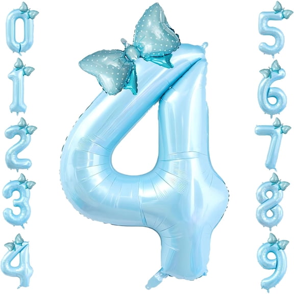 40 inch Number 4 Balloon with Bow Blue Happy Birthday Jumbo Number Balloon for Boys Girls Birthday Decorations Party Supplies (Blue Number 4)
