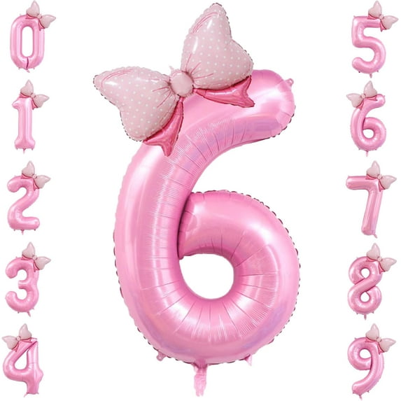 40 inch Number 6 Aluminum Film Balloon with Bow Pink Happy Birthday Jumbo Number Balloon for Girls Daughter Birthday Decorations Party Supplies (Number 6)