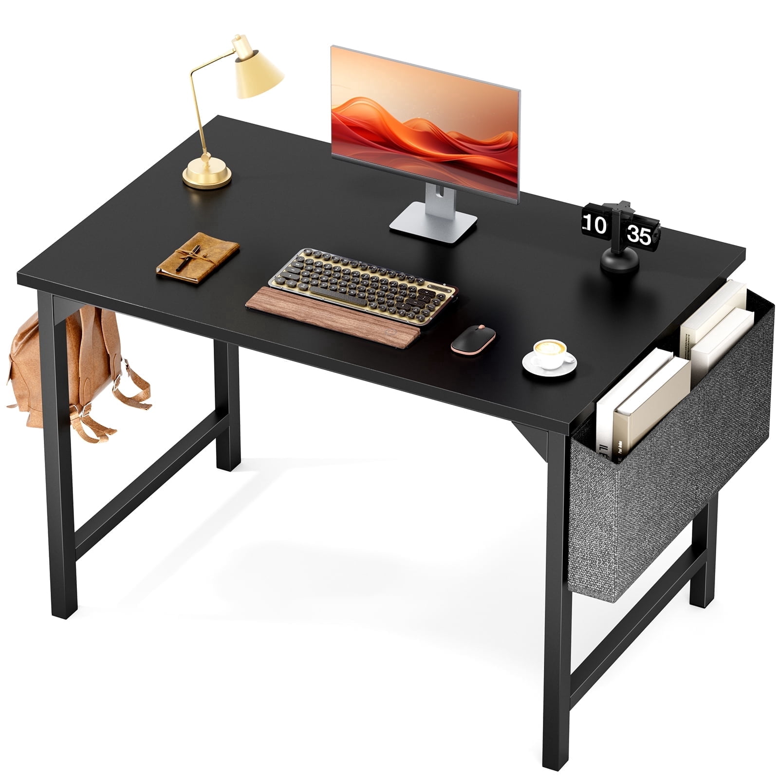 Aidoly 40inch Small Computer Desk Writing Study Work Office Table Modern Simple with Storage Bag and Hook for Home Bedroom, Black