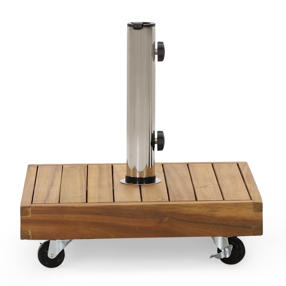 40 lbs Square Teak Finish Umbrella Base with Wheels, Heavy-Duty Patio Umbrella Stand for Outdoor Use