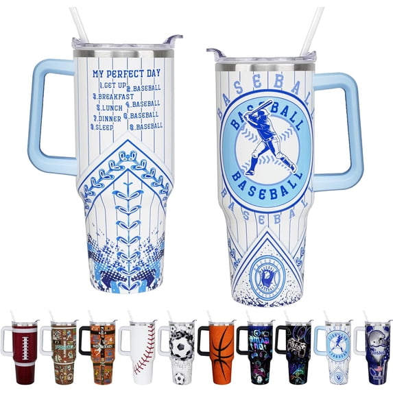 40 oz Baseball Themed Gifts Tumbler for Men with Handle Straw Lid 40oz Baseball Lover Gift Double Stainless Steel Insulated Cup Baseball Travel Coffee Mug Gifts for Boys who Love Baseball