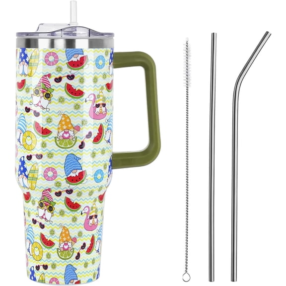 40 oz Beach Gnomes Tumbler with Handle & Straw Lid - Vacuum Insulated Stainless Steel, Leak Proof, Watermelon & Lemon Print - Cute Summer Coffee Cup Mug Gift for Women & Men