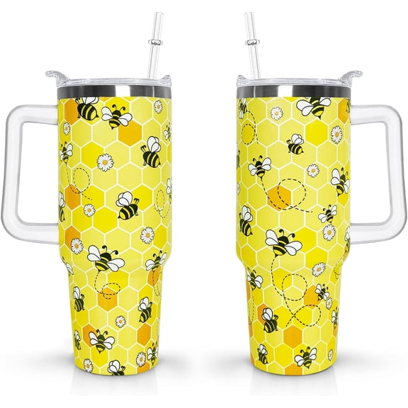 40 oz Bee Tumbler with Handle and Straw Lid Bee Themed Gifts for Beekeeper Bee Lovers Double Insulated Cup Travel Coffee Mug