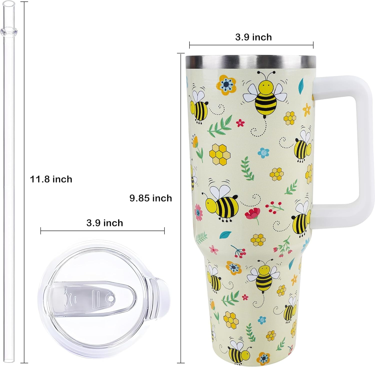 40 oz Bee Tumbler with Handle and Straw, Travel Mug Water Bottle ...
