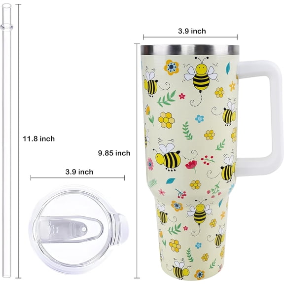 40 oz Bee Tumbler with Handle and Straw, Travel Mug Water Bottle, Stainless Steel Insulated Cup with Lid and Straw, Birthday Christmas Gifts