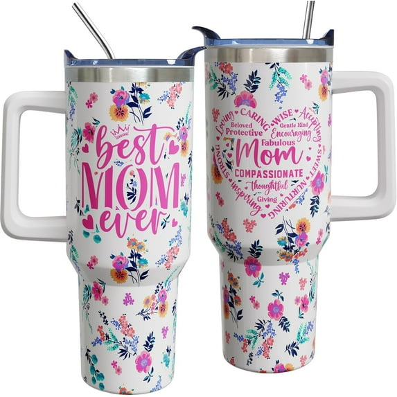 40 oz Best Mom Ever Cup Tumbler with Handle Lid and Straw, Mothers Day Tumbler Cup, Mother''s Day Birthday Gifts for Mom from Daughter Son, Mama Gifts for Moms