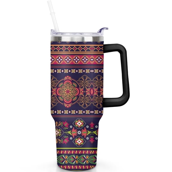 40 oz Bohemia Theme Tumbler with Spill Proof Lid & Straw | Handle | 40oz Boho Tumbler | Double Insulated Travel Coffee Cup | Boho Lover Gifts for Men Women