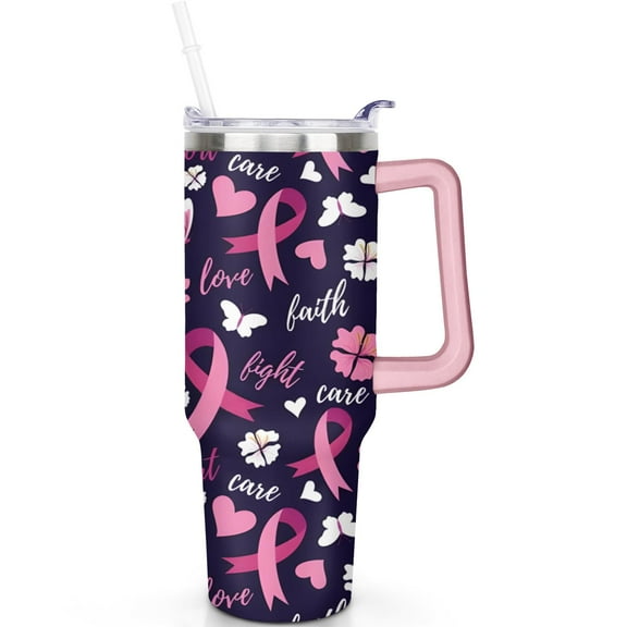 40 oz Breast Cancer Day Theme Tumbler with Handle Straw 40oz Breast Cancer Day Tumbler Spill Proof Lid Double Insulated Travel Coffee Cup Breast Cancer Day Lover Gifts for Men Women Travel Must Haves
