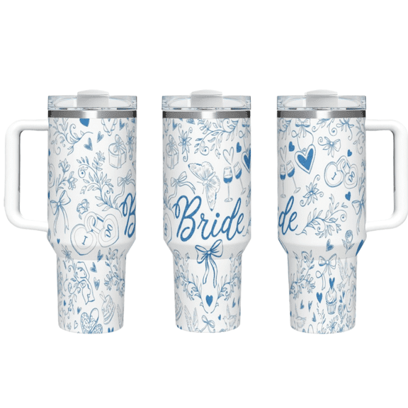 40 oz "Bride" Wedding Themed Tumbler with Handle & Straw, Blue Sketch Print Stainless Steel Insulated Travel Mug, Leakproof Lid, Keeps Cold Hot, Bridal Shower Gift