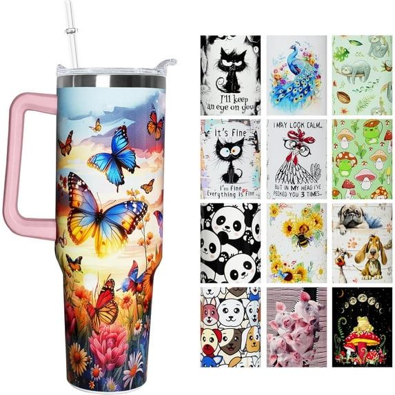 40 oz Butterfly Stainless Steel Tumbler with Handle Straw & Lid Butterfly Lover Cute Butterfly Tumbler Cup Travel Coffee Mug Butterfly Gifts for Women Girl