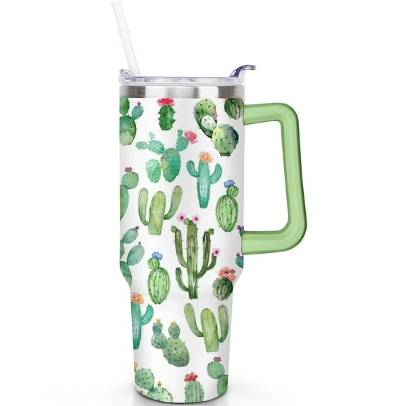 40 oz Cactus Flip Straw Lid Stainless Steel Tumbler Vacuum Insulated Handle Leak Proof Travel Must Have Mug Gift for Men Women