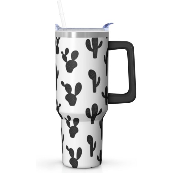 40 oz Cactus Tumbler with Handle Straw Lid, Vacuum Insulated Travel Mug, Black White Gifts for Women, Car Cup Holder