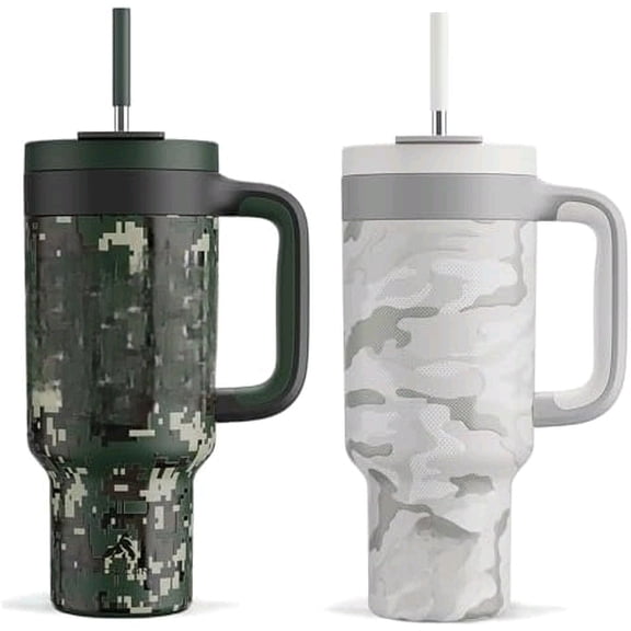40 oz Camo Tumbler with Handle, 2-in-1 Straw and Sip Lid, Leakproof, Dishwasher Safe, Insulated Travel Coffee Mug, Keeps Cold for 34 Hours, Fits in Car Cupholder (Woodland Flag & Clouded Aspen)