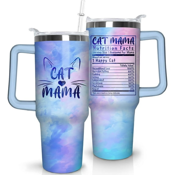 40 oz Cat Mama Insulated Stainless Steel Travel Tumbler with Handle and Straw, Cat Themed Gifts for Women, Mother''s Day