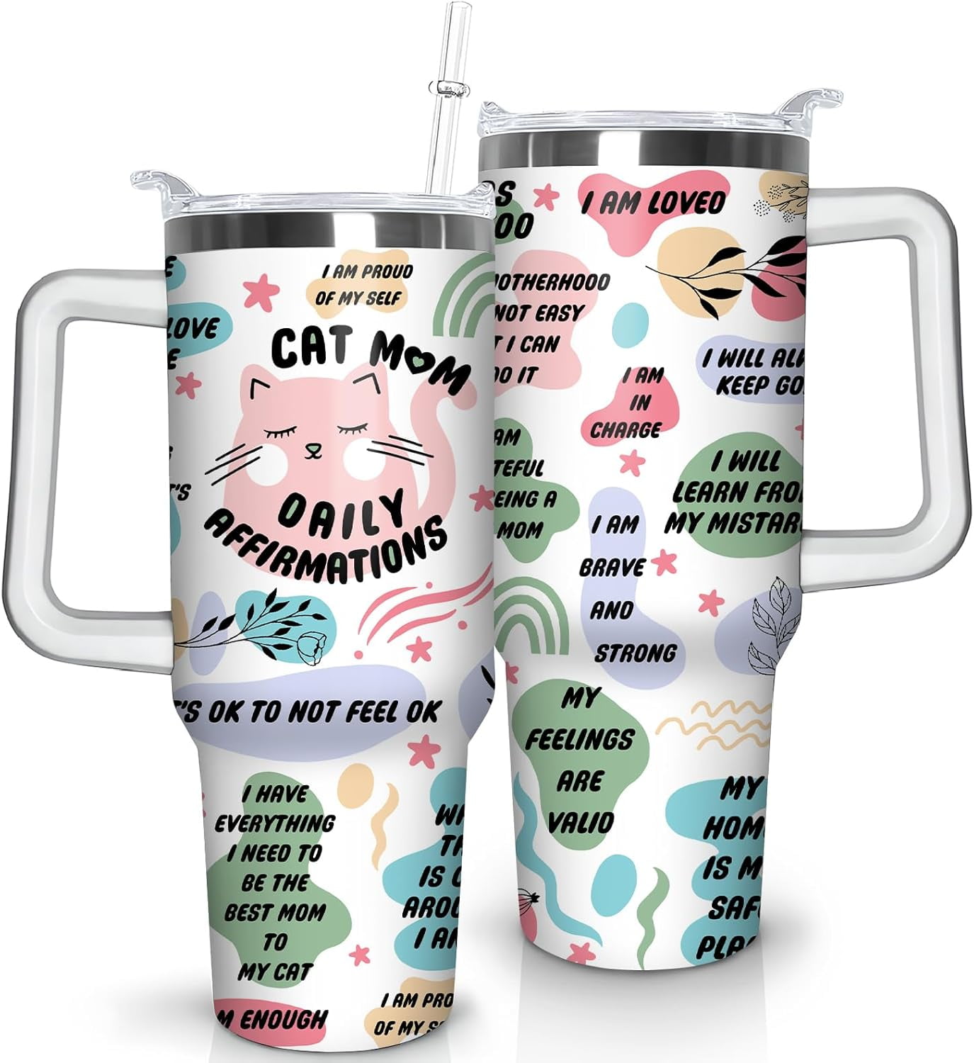 40 oz Cat Mama Tumbler with Handle and Straw, Stainless Steel Insulated