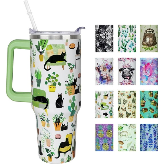 40 oz Cat Plant Tumbler with Handle and Straw Lid 40oz Plant Themed Gifts for Plant Lovers Double Stainless Steel Insulated Plant Cup Travel Coffee Cat Mug