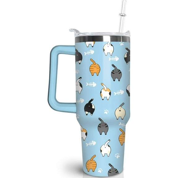 40 oz Cat Tumbler with Handle and Straw, Blue Cat Stainless Steel Vacuum Insulated Travel Coffee Mug Cup Water Bottle, Cat Stuff Accessories Decor, Cat Lover Gifts for Women Girls