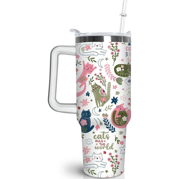 40 oz Cat Tumbler with Handle and Straw, Cat Stainless Steel Vacuum Insulated Travel Coffee Mug Cup Water Bottle, Cat Stuff Accessories Decor, Cat Lover Gifts for Women Girls