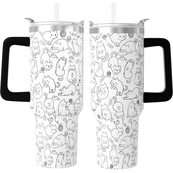 40 oz Cat Tumbler With Handle and Straw, Leakproof Stainless Steel Insulated Tumbler, Cup Holder Friendly, Birthday Christmas Gifts for Women Men Who Loves Cat, Travel Coffee Mug Water Bottle