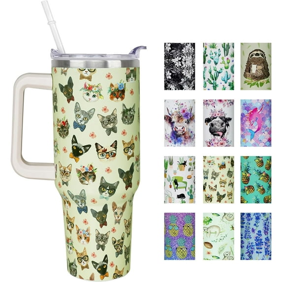 40 oz Cat Tumbler with Handle and Straw Lid 40oz Cat Themed Gifts for Cat Lovers Double Stainless Steel Insulated Cup Travel Coffee Cat Mug, 40 Ounce10