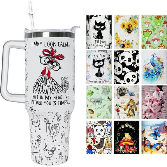 40 oz Chicken Rooster Stainless Steel Tumbler with Handle Straw & Lid Gift for Women Farm Girl Chicken Rooster Lover Cute Chicken Rooster Tumbler Cup Travel Coffee Mug Funny Gag Gifts Ideas