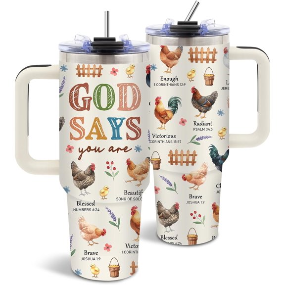 40 oz Christian Chicken Tumbler with Handle and Straw, Religious Farmhouse Gifts for Women Girls, Stainless Steel Insulated Coffee Travel for Church Ladies Gifts, Christian Thanksgiving Birthday Gift