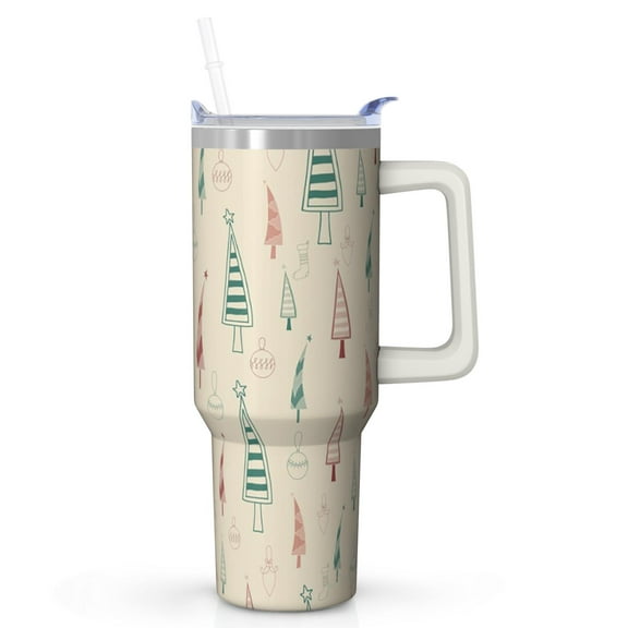 40 oz Christmas Bells and Tree Tumbler with Handle and Straw, Stainless Steel Insulated Cup 40 oz, Leak Proof Holiday Mug, Festive Gift