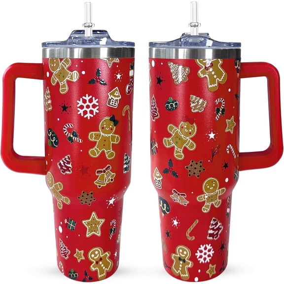 40 oz Christmas Gingerbread Tumbler With Handle Lid and Straw,Red Xmas Print Stainless Steel Insulated Travel Mug Christmas Coffee Cup Gifts for Men Women