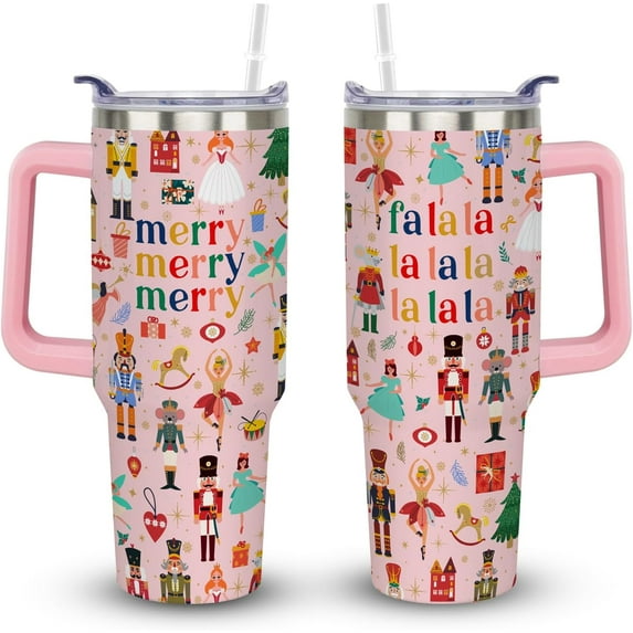 40 oz Christmas Nutcracker Tumbler with Handle, Stainless Steel Christmas Insulated Tumblers with Lids and Straws, Nutcracker Ballet Gifts for Dancers, Pink