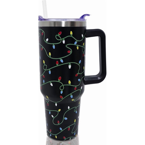 40 oz Christmas Tumbler with Handle and Straw, Stainless Steel Insulated Xmas lights Tumbler 40 oz, Reusable colorful lights Cup with Leak Proof Lid, Christmas Gifts for Women