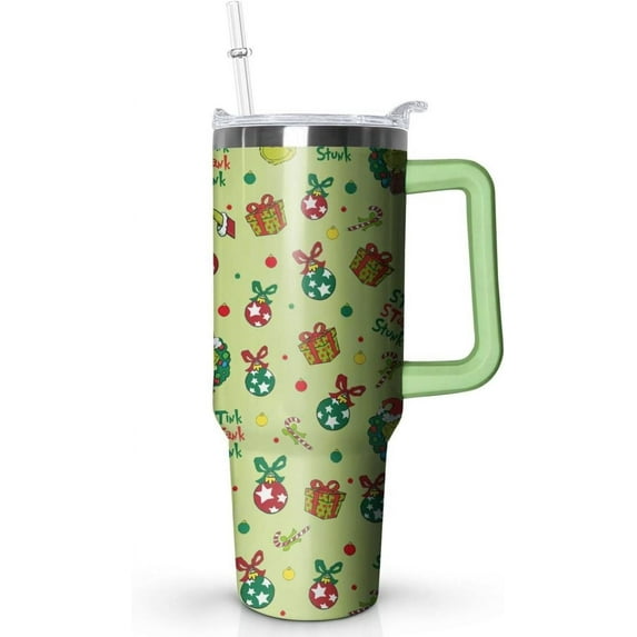 40 oz Christmas Tumbler with Handle Lid and Straw, Green Merry Christmas Holiday Coffee Mug Cup Water Bottle,Christmas Gifts for Women