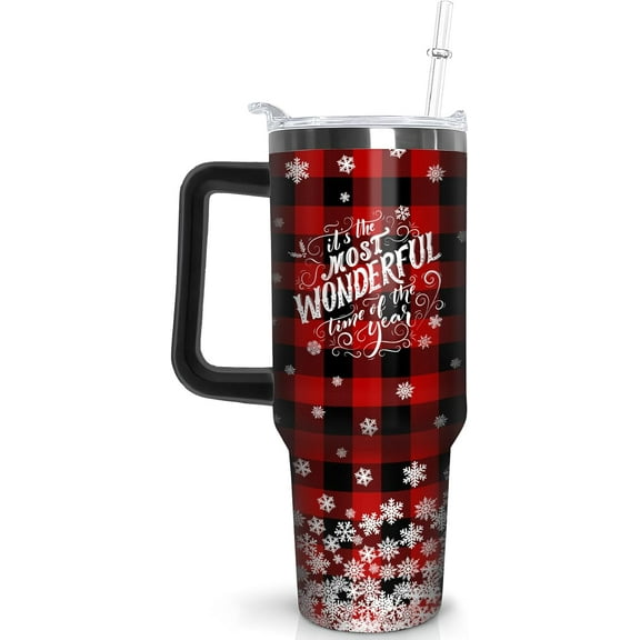 40 oz Christmas Tumblers with Handle and Straw, Buffalo Snowflakes 40oz Stainless Steel Vacuum Insulated Travel Coffee Mug Cup Water Bottle, Christmas Decor Stuff Accessories Gifts for Women