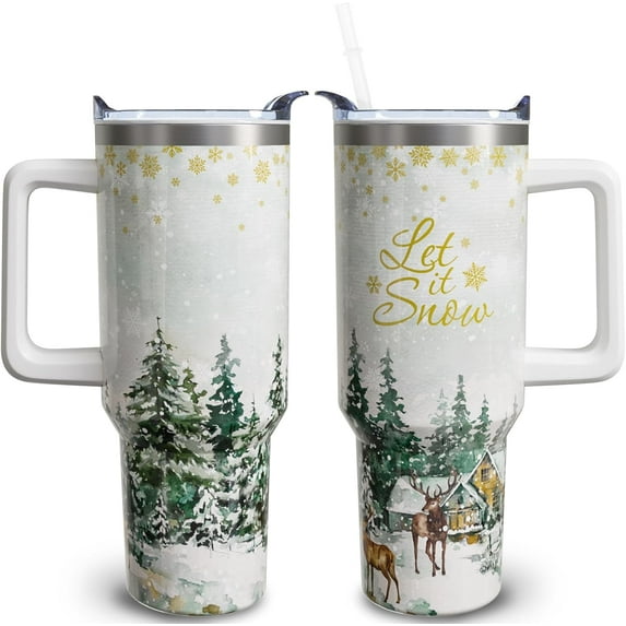 40 oz Christmas Tumblers with Handle and Straw, Christmas Deer Tree 40oz Stainless Steel Vacuum Insulated Travel Coffee Mug Cup Water Bottle, Christmas Decor Stuff Accessories Gifts for Women