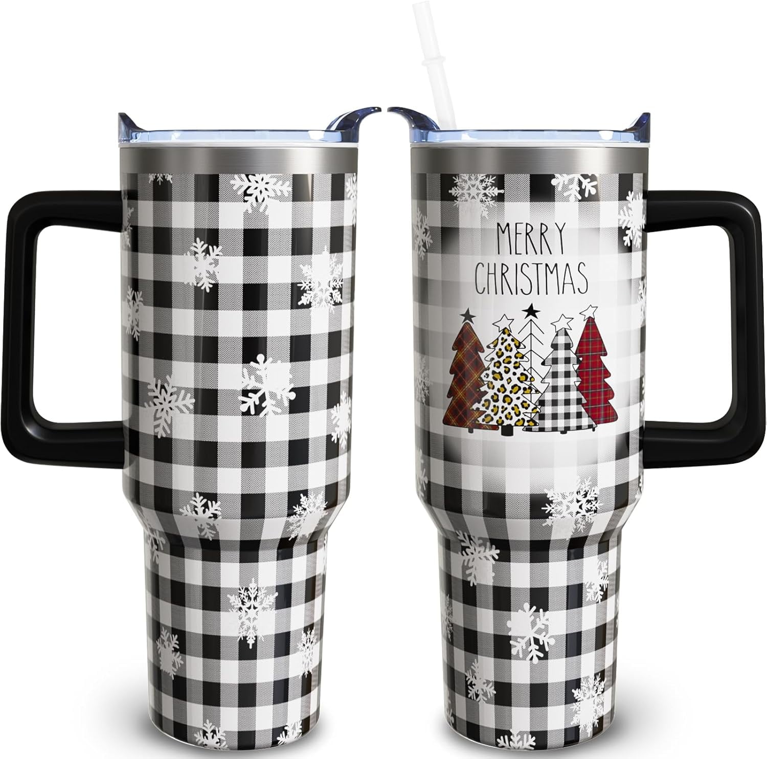 40 oz Christmas Tumblers with Handle and Straw, Christmas Tree Buffalo 40oz Stainless Steel Vacuum Insulated Travel Coffee Mug Cup Water Bottle, Christmas Decor Stuff Accessories Gifts for Women