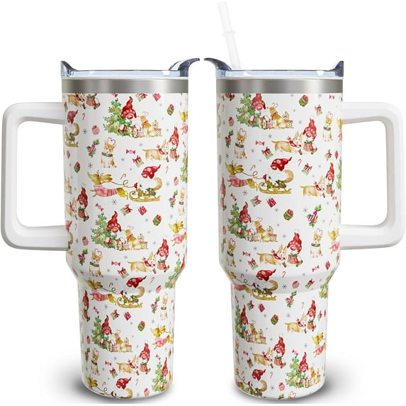 40 oz Christmas Tumblers with Handle and Straw, Gnome Corgi 40oz Stainless Steel Vacuum Insulated Travel Coffee Mug Cup Water Bottle, Christmas Decor Stuff Accessories Gifts for Women