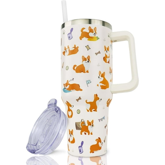 40 oz Corgi Tumbler with Handle and Straw, Stainless Steel Insulated Dog Tumbler 40 oz, Reusable Corgi Travel Mug with Leak Proof Lid, Dog Lovers Gifts for Women, Corgi Gifts for Women