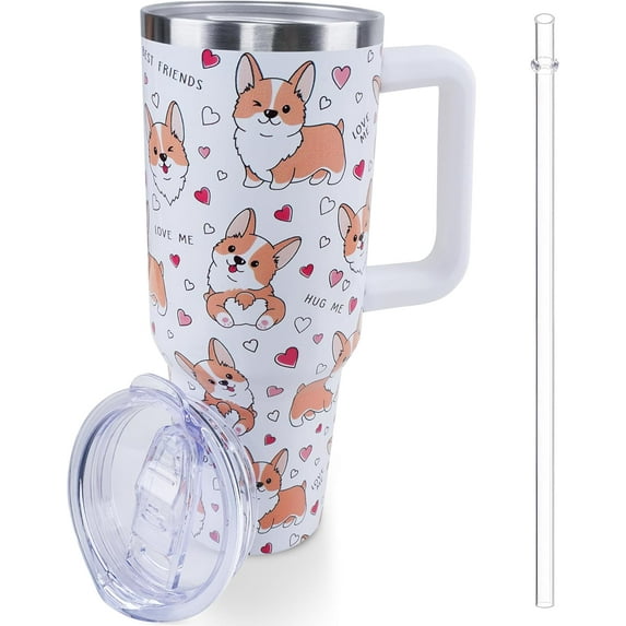 40 oz Corgi Tumbler with Handle and Straw, Dog Travel Mug Water Bottle, Stainless Steel Insulated Cup with Lid and Straw, Birthday Christmas Gifts