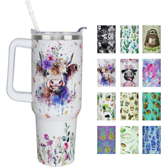 40 oz Cow Print Tumbler with Handle and Straw Lid 40oz Cute Cow Themed Gifts Double Stainless Steel Insulated Cup Travel Cow Coffee Mug, 40 Ounce1