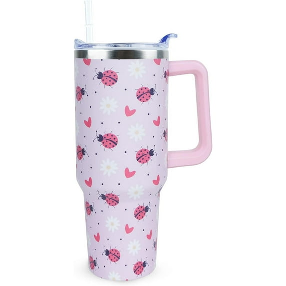 40 oz Cute Daisy Ladybug Tumbler with Handle and Straw, Stainless Steel Insulated Cup with Lid and Straw, Travel Mug Water Bottle, Gifts for Women