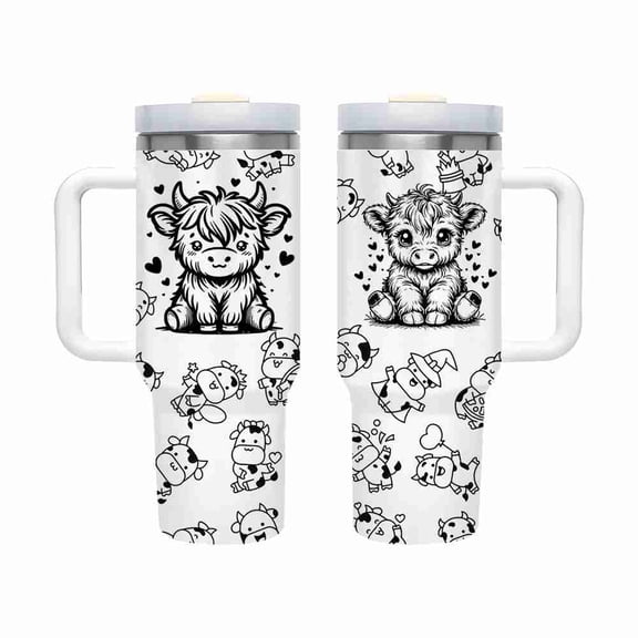 40 oz Cute Highland Cow Line Art Tumbler with Handle and Straw, Insulated Stainless Steel Travel Cup with Black and White Pattern for Animal Lovers and Gifts