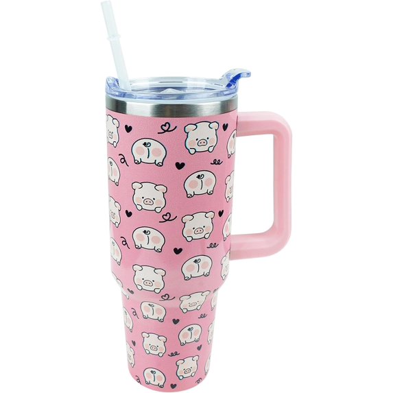 40 oz Cute Pig Tumbler with Handle and Straw Lid Leak Proof, Pigs Coffee Travel Mug with Handle Insulated for Hot and Cold Drink Ice, Birthday Gifts for Women Pig Lovers