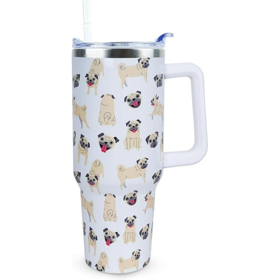 40 oz Cute Pug Tumbler with Handle and Straw, Stainless Steel Insulated Cup with Lid and Straw, Travel Mug Water Bottle, Gifts for Women