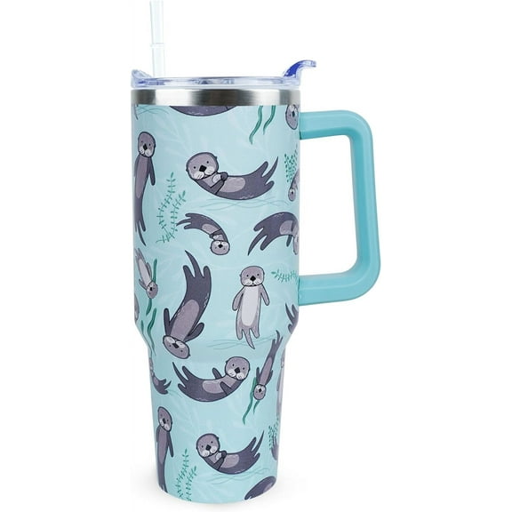 40 oz Cute Sea Otter Tumbler with Handle and Straw, Stainless Steel Insulated Cup with Lid and Straw, Travel Mug Water Bottle, Gifts for Women