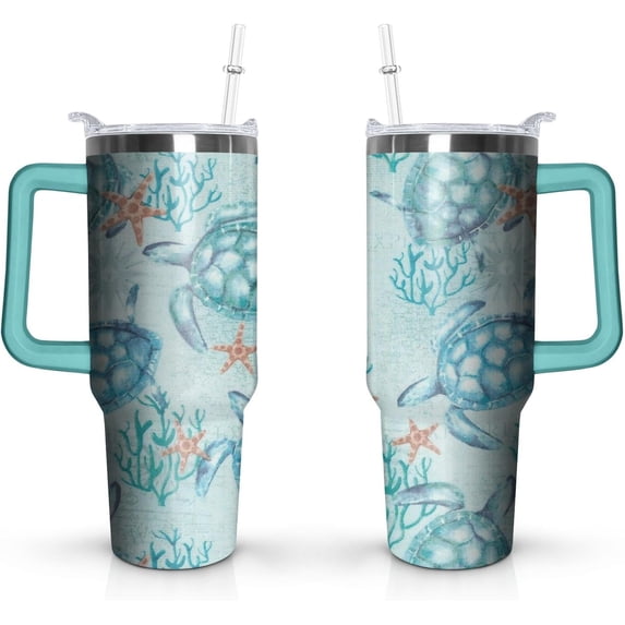 40 oz Cute Sea turtle Tumbler with Handl Straw, Stainless Steel Insulated Cup with Lid and Straw, Travel Mug,Gifts for Women