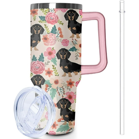 40 oz Dachshund Tumbler with Handle and Straw, Dog Travel Mug Water Bottle, Stainless Steel Insulated Cup with Lid and Straw, Birthday Christmas Gifts