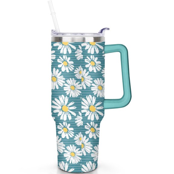 40 oz Daisy Theme Tumbler Handle 40oz Daisy Tumbler with Spill Proof Lid Straw Double Insulated Travel Coffee Cup Daisy Lover Gifts for Men Women