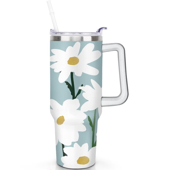 40 oz Daisy Tumbler with Spill Proof Snap Lid Ergonomic Handle 40oz Daisy Theme Tumbler Reusable Straw Double Insulated Copper Coating Gym Outdoor Travel Cup